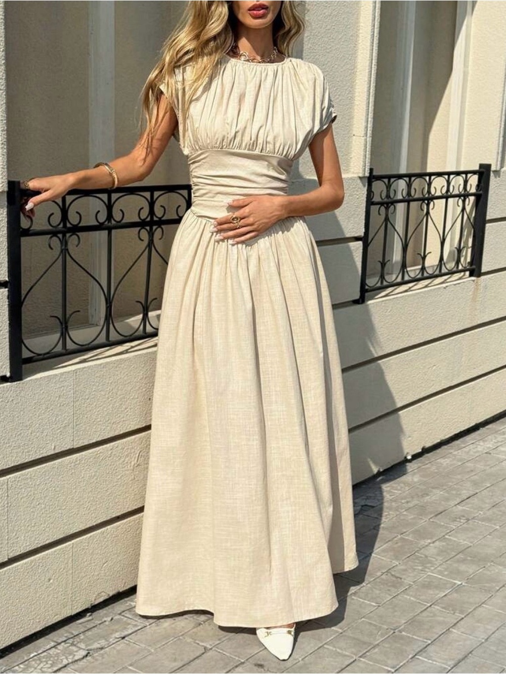 Elegant Cream Gathered Waist Maxi Dress